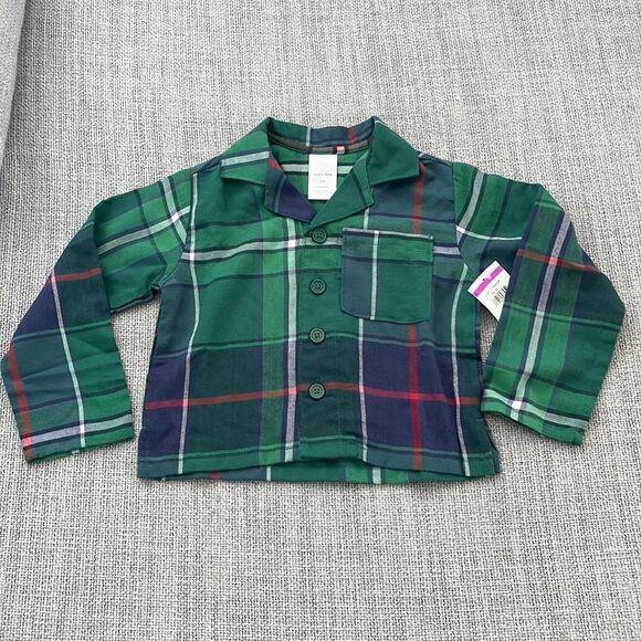 Nordstrom Pajama Top Boys Plaid Green‎ Button Front Size 2/3 - Picture 1 of 6